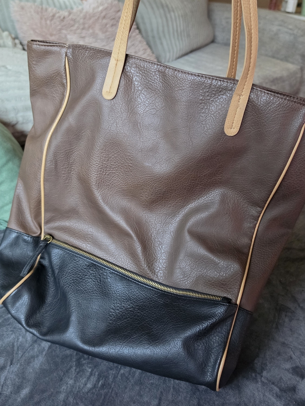 Merona Brown and Black Two-Tone Tote with Tan Trim